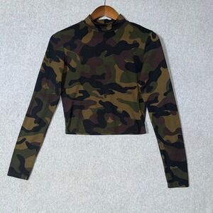 Haley & June Womens Camo Mock Neck Long Sleeve Crop Top Green Brown Size M